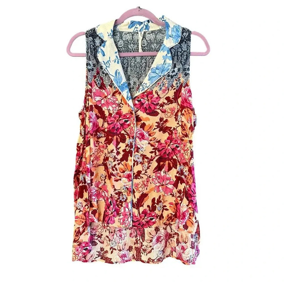 By Anthropologie Pink Combo Floral Print Viscose Button Down Tank Top Size M - Picture 1 of 6